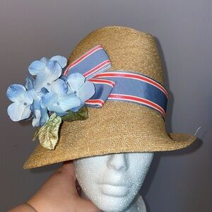 Jill Courtemanche Millinery NYC Straw Cloche Hat Flowers Ribbon Bow OS